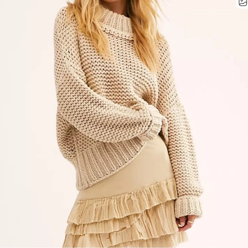 Free People Chunky Knit Cropped Sweater My Only Sunshine Cream Tan Size Medium